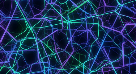 A complex network of glowing neon lines in shades of blue and green against a dark background.