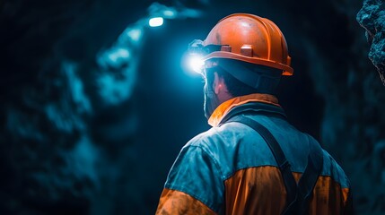 Miner working underground in a mine with safety helmet and headlamp for safety and exploration