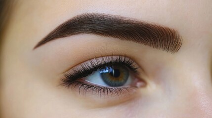 Obraz premium Close-up of a woman's eyes with well-defined eyebrows, full lashes, and smooth skin, highlighting meticulous grooming. Concept of beauty, eyebrow shaping kit, grooming and natural brow look.