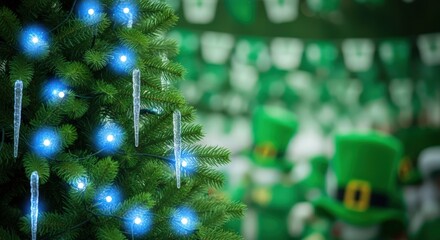 christmas tree with blue lights and icicles, st patricks day parade in background