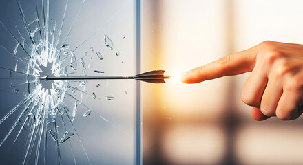 Breaking Through: An arrow pierces through glass, while a hand reaches to touch the impact point.
