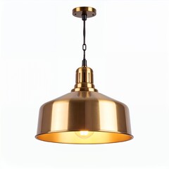 A gleaming golden pendant light with a industrial design aesthetic suspended on white background