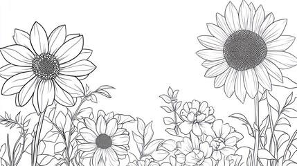 Botanical Line Art Illustration of Flowers, Beautiful Floral Design, Ideal for Print, Stationary, or Web
