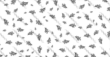 Monochrome floral pattern with black outlines of various leaf and flower sprigs scattered among curved lines on a white background creates an elegant design