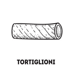 Pasta tortiglioni sketch. Italian food. Hand drawn vector illustration. Tortiglioni pasta Engraved style. Detailed black and white illustration.