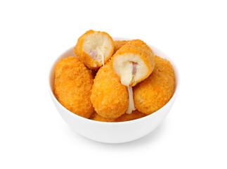 Delicious fried croquettes in bowl isolated on white