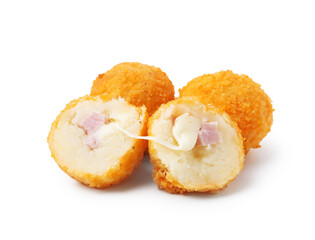Delicious fried croquettes with cheese and ham isolated on white