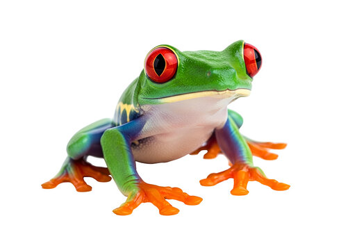 Vibrant red-eyed tree frog, featuring striking color patterns and a curious expression, set against a pure black background.
