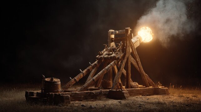 Medieval catapult launching projectile - Powered by Adobe