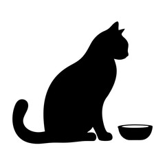 Black cat sitting next to food bowl silhouette