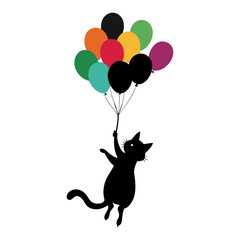 Black cat silhouette flying with colorful balloons