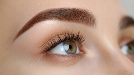 Close-up of a woman's eyes with well-defined eyebrows, full lashes, and smooth skin, highlighting meticulous grooming. Concept of beauty, eyebrow shaping kit, grooming and natural brow look.