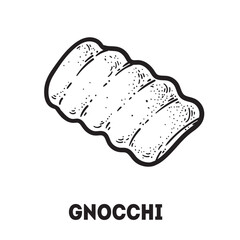 Pasta gnocchi sketch. Italian food. Hand drawn vector illustration. Gnocchi pasta Engraved style. Detailed black and white illustration.