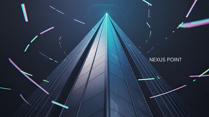 A sleek pyramid with the text nexus point in a futuristic abstract design