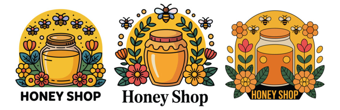 Honey Shop Logo Designs with Bees Flowers and Honey Jars apiary