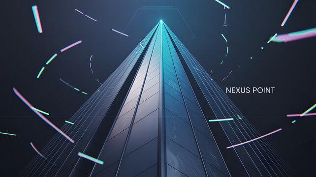 A sleek pyramid with the text nexus point in a futuristic abstract design