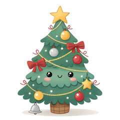 Adorable Christmas tree with cute face, festive ornaments and star for holiday season greetings PNG