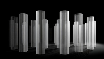 Obraz premium A collection of tall, light gray, cylindrical structures with vertical striations, arranged in a minimalist style against a dark background.