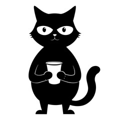 Grumpy black cat holding a cup silhouette