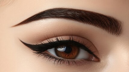 Close-up of a woman's eyes with well-defined eyebrows, full lashes, and smooth skin, highlighting meticulous grooming. Concept of beauty, eyebrow shaping kit, grooming and natural brow look.