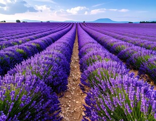 Fototapeta premium A vast expanse of vibrant lavender fields stretches out under a clear, sunny sky, creating a breathtaking panorama of purple blossoms.