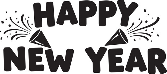 Obraz premium A bold, black-and-white graphic proclaiming 'Happy New Year,' flanked by stylized firework bursts. The design is suitable for celebratory greetings.