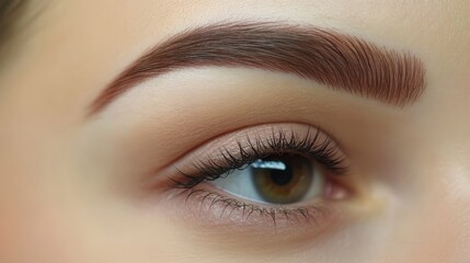Obraz premium Close-up of a woman's eyes with well-defined eyebrows, full lashes, and smooth skin, highlighting meticulous grooming. Concept of beauty, eyebrow shaping kit, grooming and natural brow look.