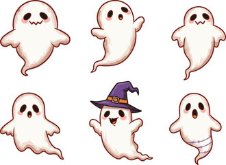 Cartoon Ghost Characters with Expressive Faces and Halloween Accessories in Whimsical Spooky-Themed Poses on White Background for Kids Content