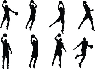 Basketball player silhouettes in action poses, dribbling, shooting, jumping, sports vector design, athletic movement illustration, CAD drawing flat vector illustration