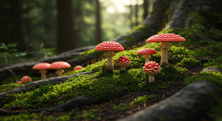 Enchanting fly agaric mushrooms sprout from mossy forest floor, adding a touch of magic to nature scenes