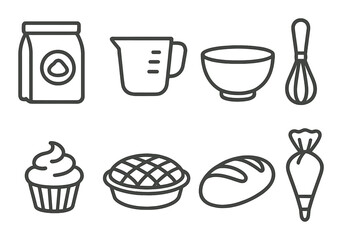 Outline icons of baking tools and pastries with dark background