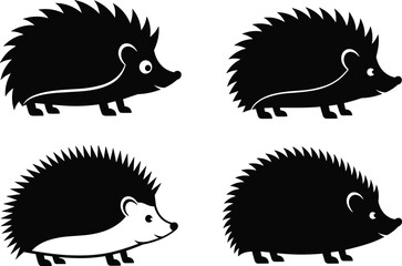 Cartoon Hedgehog Silhouettes and Detailed Side Profiles in Stylized Animal-Themed Poses on White Background for Kids Content