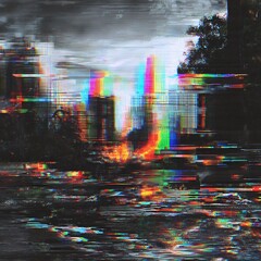 Abstract chromatic distortion of landscape urban scene suggesting digital malfunction