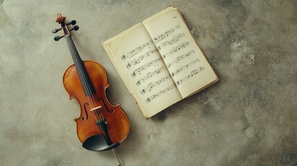 Naklejka premium Violin and music sheets on wooden table, top view. Space for text