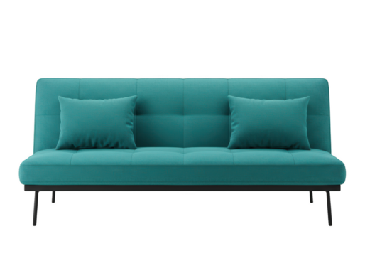 Modern teal sofa with pillows isolated on transparent background
