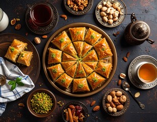 Assorted Middle Eastern pastries and drinks