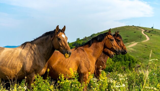 Three brown horses stand in a field of wildflowers, a hill in the background - Powered by Adobe