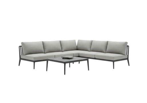 A modern gray outdoor sectional sofa and table isolated on transparent background