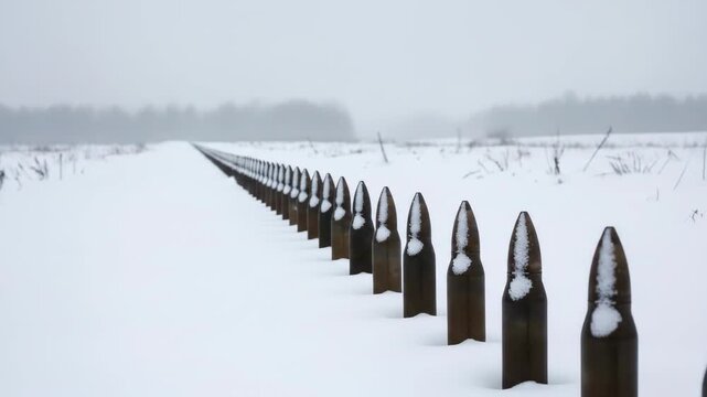 Row of rusted bullets in snow covered winter landscape, concept of war, conflict and military action.