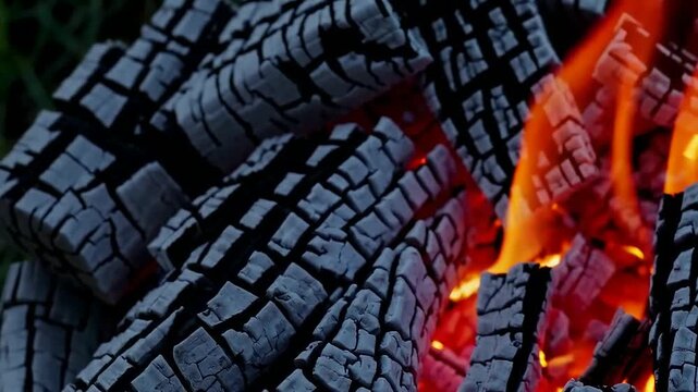 Close-up of Fiery Embers and Flickering Flames on Charred Wood Logs