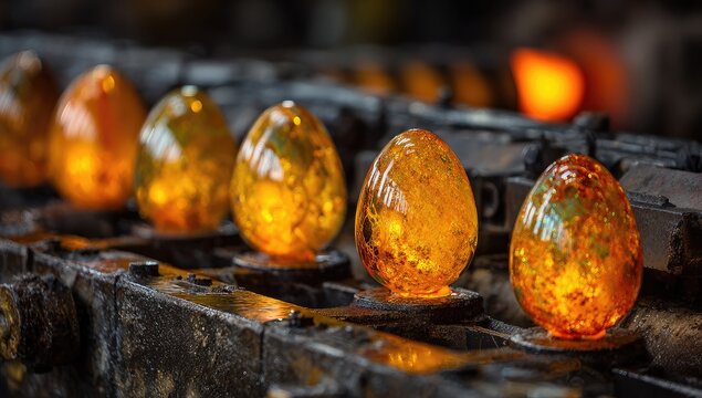Molten amber eggs on a conveyor