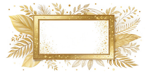 A rectangular frame decorated with delicate gold leaves and branches creates an elegant composition against a transparent background.AI generated.