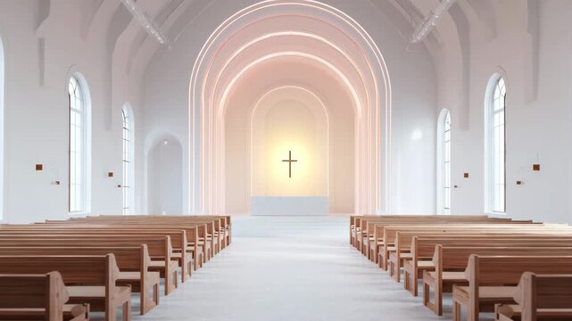 Serene Modern Church Interior: Peaceful Ambient Light, Still Shot