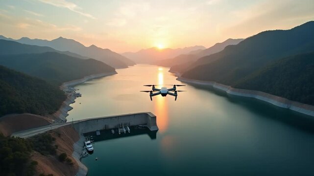 Aerial drone flying over a lake, water dam, with mountains, and boats on coastline, at sunrise. Beautifull dreamy landscape view.