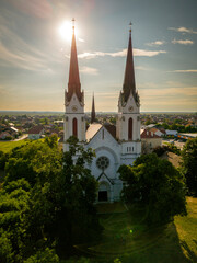 Aerial view of old cathedral in Futog near Novi Sad, Serbia