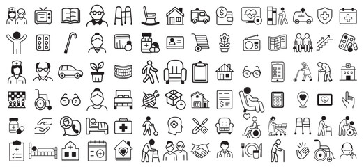 Elderly Vector Line Icons Set. Old, containing retirement, senior, grandparents, wheelchair, caregiver, and more. Vector modern illustration. Editable modern stroke