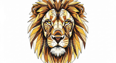 Geometric lion head illustration with golden and brown tones, creating a modern and stylized animal portrait.