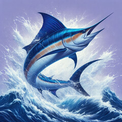 Majestic Atlantic blue marlin leaps under a starry sky with splashes on white background. Great for sport fishing gear, tees, souvenirs, capturing night angling passion