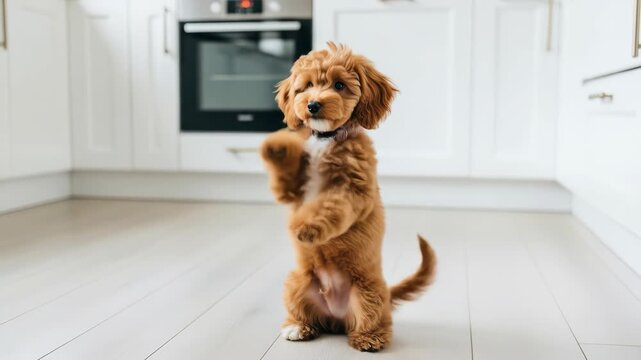 Cute golden Cockapoo puppy stands on hind legs in a bright kitchen. Dog, pet, canine, kitchen, puppy, adorable, standing.
