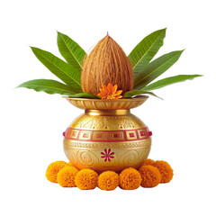 Golden kalash with coconut and mango leaves for traditional indian puja ceremony and religious rituals transparent background